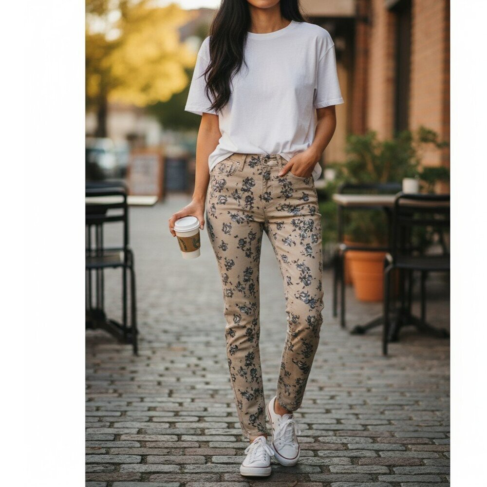YMI USA Womens Size 1 Beige Floral Foxy Super Skinny Stretch Flat Front Pants